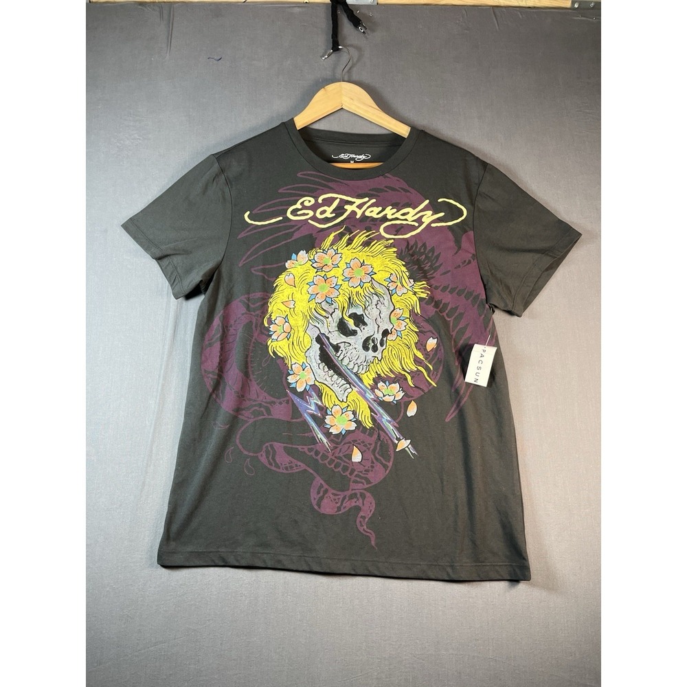 NWT Ed Hardy T-Shirt Mens M Black Archive Lightning Skull Tee Shirt Short Sleeve